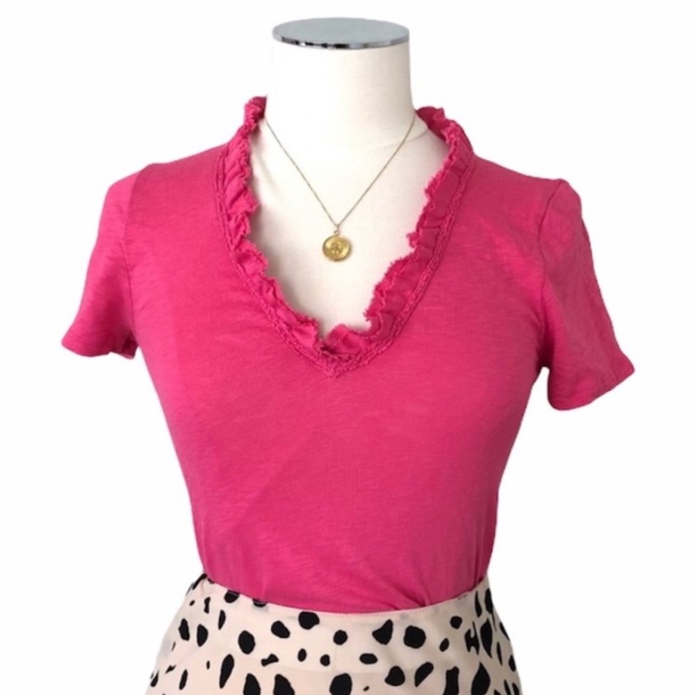 J. CREW FACTORY Cotton Ruffle Neckline Top Short Sleeve T-Shirt Pink Sz XS